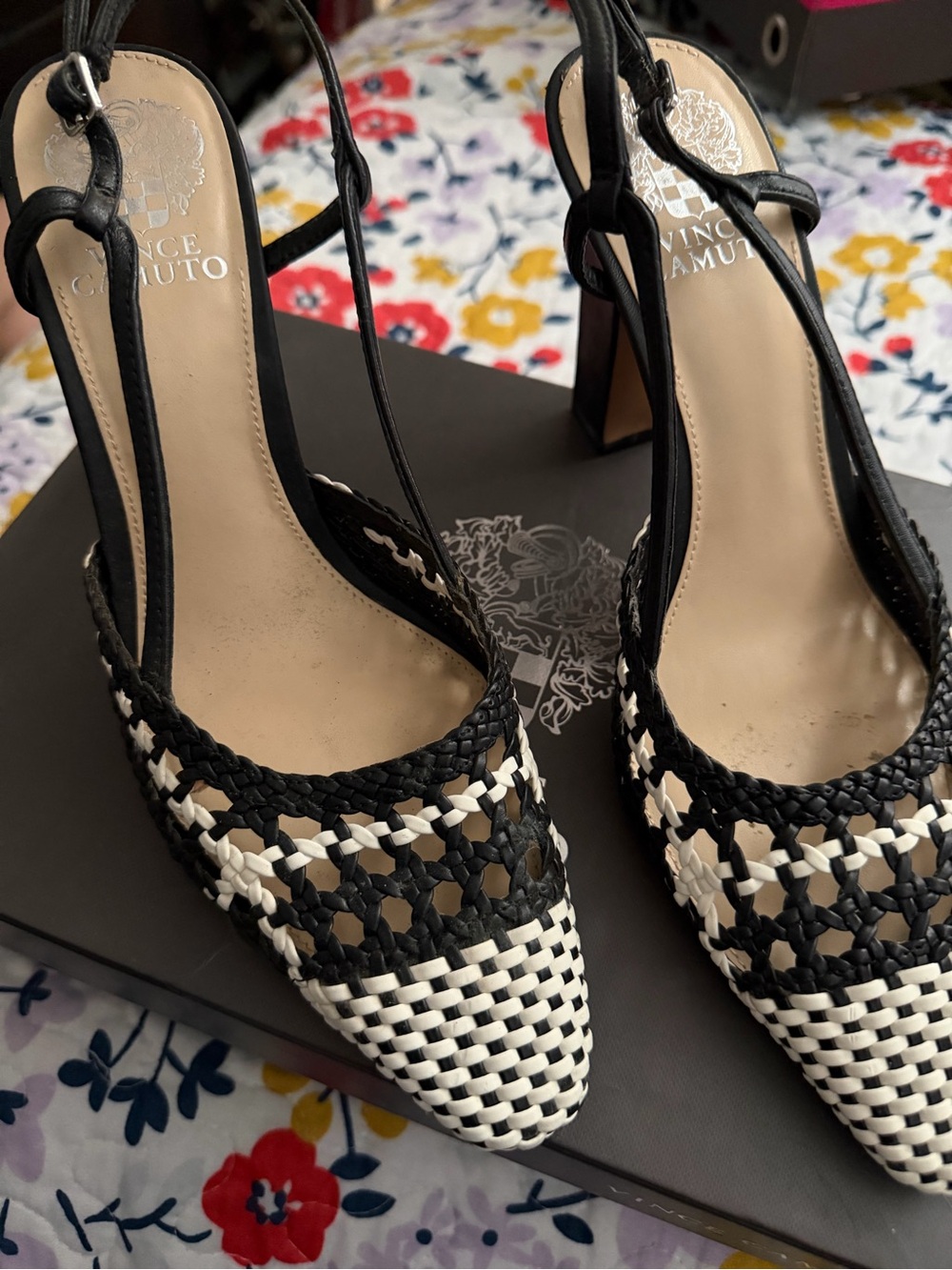 Vince Camuto Black and White Woven Slingback Heels